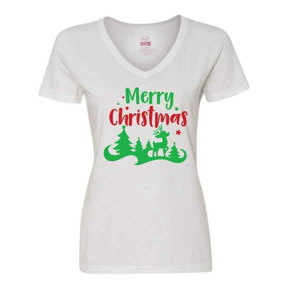 Inktastic Merry Christmas, Rudolph, Stars - Red Green Women's V-Neck T-Shirt