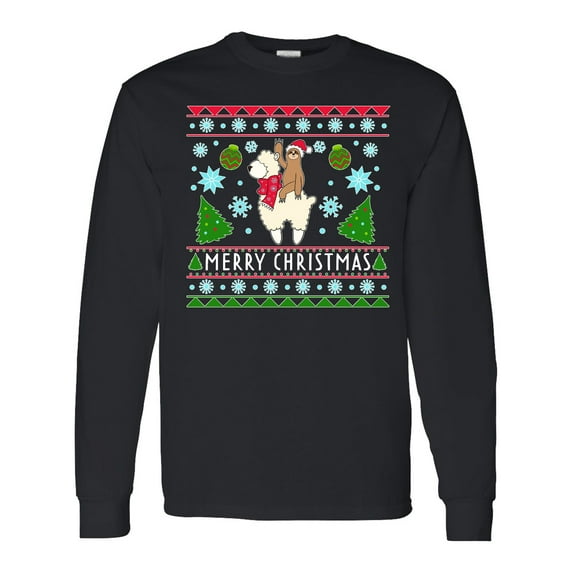 Inktastic Merry Christmas Sloth and Llama Ugly Sweater Style Long Sleeve T-Shirt