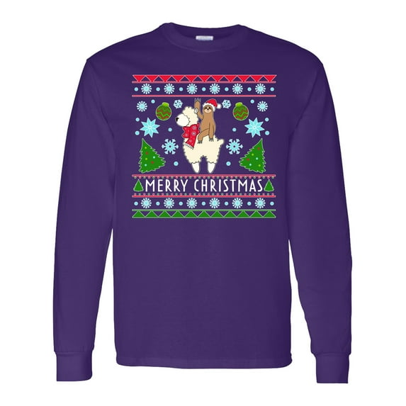 Inktastic Merry Christmas Sloth and Llama Ugly Sweater Style Long Sleeve T-Shirt