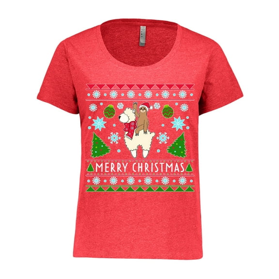 Inktastic Merry Christmas Sloth and Llama Ugly Sweater Style Women's Plus Size T-Shirt
