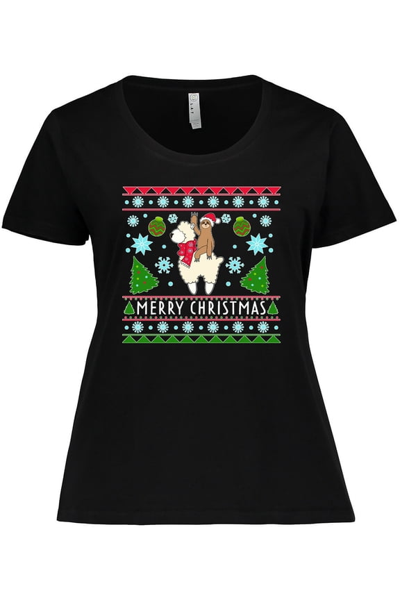 Merry Christmas Sloth and Llama Ugly Sweater Style Women's Plus Size T-Shirt