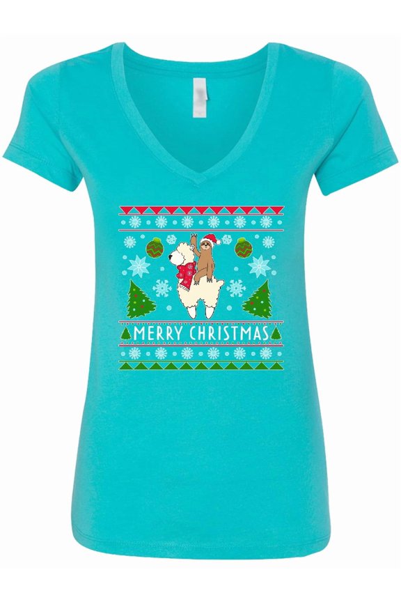 Merry Christmas Sloth and Llama Ugly Sweater Style Women's V-Neck T-Shirt