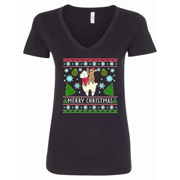 Inktastic Merry Christmas Sloth and Llama Ugly Sweater Style Women's V-Neck T-Shirt