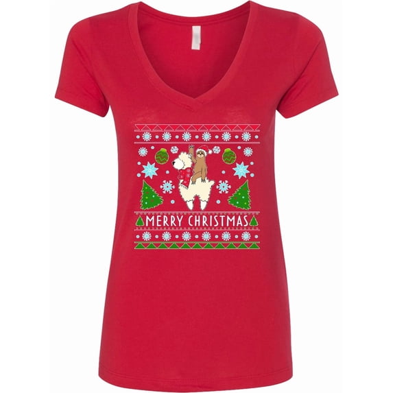 Inktastic Merry Christmas Sloth and Llama Ugly Sweater Style Women's V-Neck T-Shirt