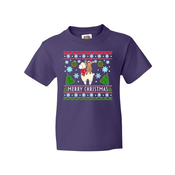 Inktastic Merry Christmas Sloth and Llama Ugly Sweater Style Youth T-Shirt
