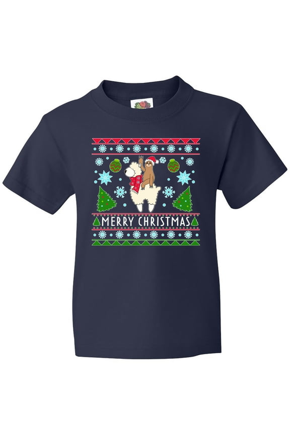 Merry Christmas Sloth and Llama Ugly Sweater Style Youth T-Shirt