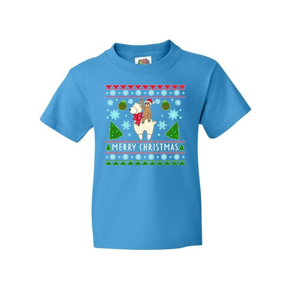 Inktastic Merry Christmas Sloth and Llama Ugly Sweater Style Youth T-Shirt