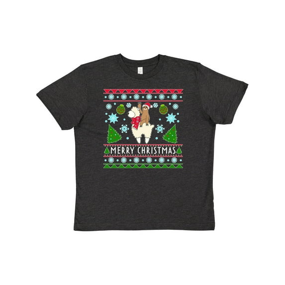 Inktastic Merry Christmas Sloth and Llama Ugly Sweater Style Youth T-Shirt