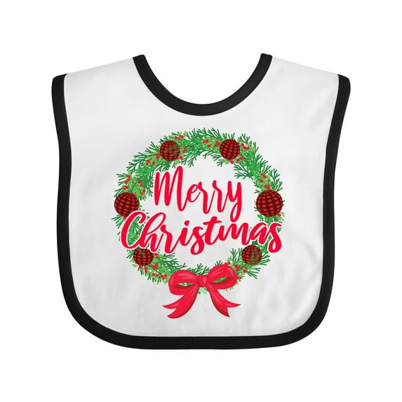 Inktastic Merry Christmas Wreath with Red Bow and Ornaments Boys or Girls Baby Bib