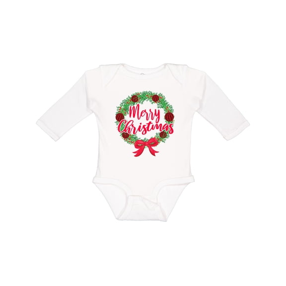 Inktastic Merry Christmas Wreath with Red Bow and Ornaments Boys or Girls Long Sleeve Baby Bodysuit