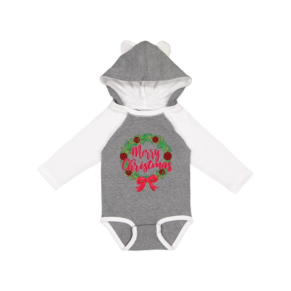 Inktastic Merry Christmas Wreath with Red Bow and Ornaments Boys or Girls Long Sleeve Baby Bodysuit
