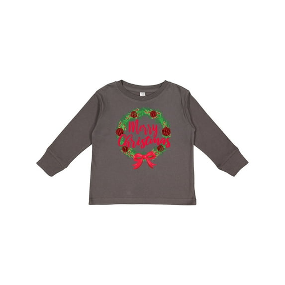 Inktastic Merry Christmas Wreath with Red Bow and Ornaments Boys or Girls Long Sleeve Toddler T-Shirt