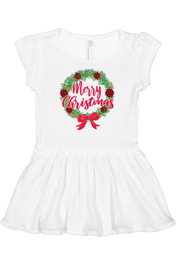 Merry Christmas Wreath with Red Bow and Ornaments Girls Baby Dress