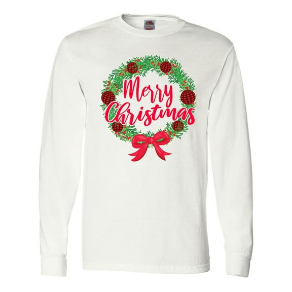 Inktastic Merry Christmas Wreath with Red Bow and Ornaments Long Sleeve T-Shirt