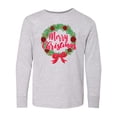 thumbnail image 1 of Inktastic Merry Christmas Wreath with Red Bow and Ornaments Long Sleeve Youth T-Shirt, 1 of 5