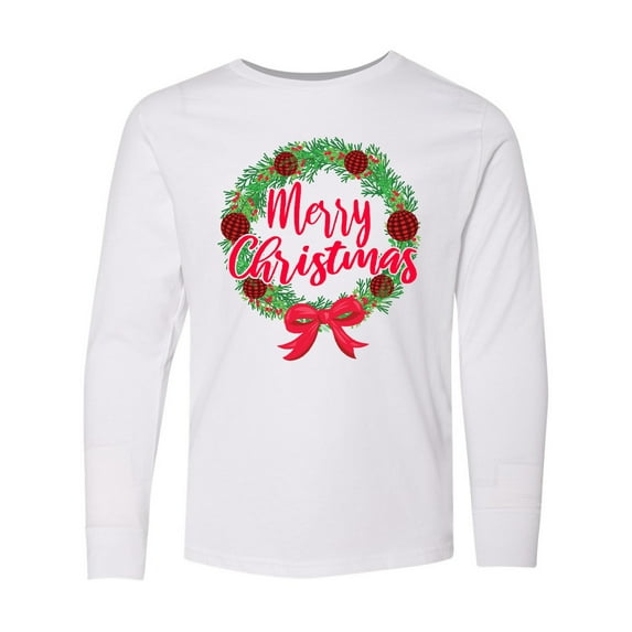 Inktastic Merry Christmas Wreath with Red Bow and Ornaments Long Sleeve Youth T-Shirt