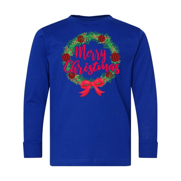 Inktastic Merry Christmas Wreath with Red Bow and Ornaments Long Sleeve Youth T-Shirt