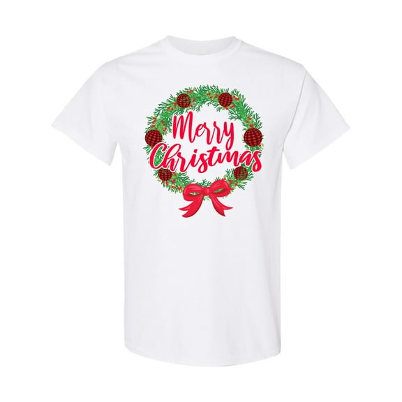 Inktastic Merry Christmas Wreath with Red Bow and Ornaments T-Shirt