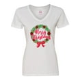 thumbnail image 1 of Inktastic Merry Christmas Wreath with Red Bow and Ornaments Women's V-Neck T-Shirt, 1 of 5