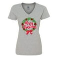 thumbnail image 1 of Inktastic Merry Christmas Wreath with Red Bow and Ornaments Women's V-Neck T-Shirt, 1 of 5