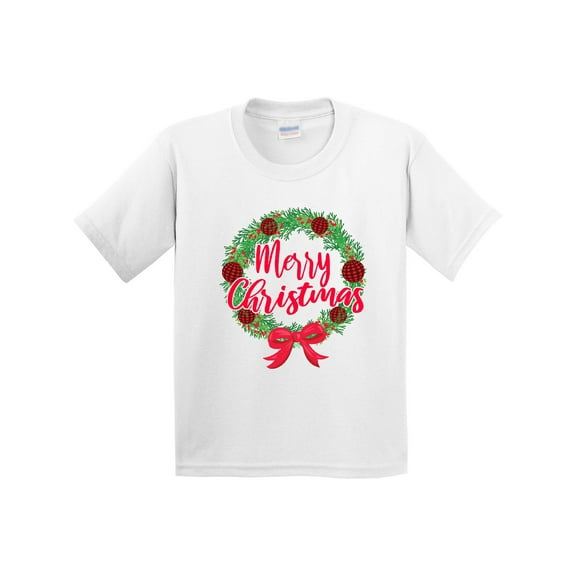 Inktastic Merry Christmas Wreath with Red Bow and Ornaments Youth T-Shirt