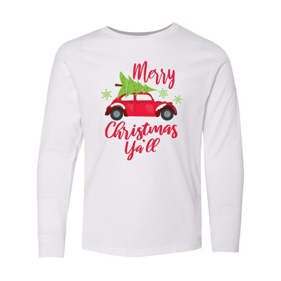 Inktastic Merry Christmas Ya'll with Red Car and Tree Long Sleeve Youth T-Shirt