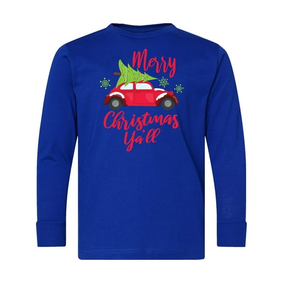 Inktastic Merry Christmas Ya'll with Red Car and Tree Long Sleeve Youth T-Shirt