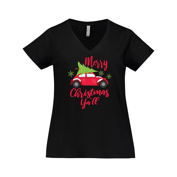 Inktastic Merry Christmas Ya'll with Red Car and Tree Women's Plus Size V-Neck T-Shirt