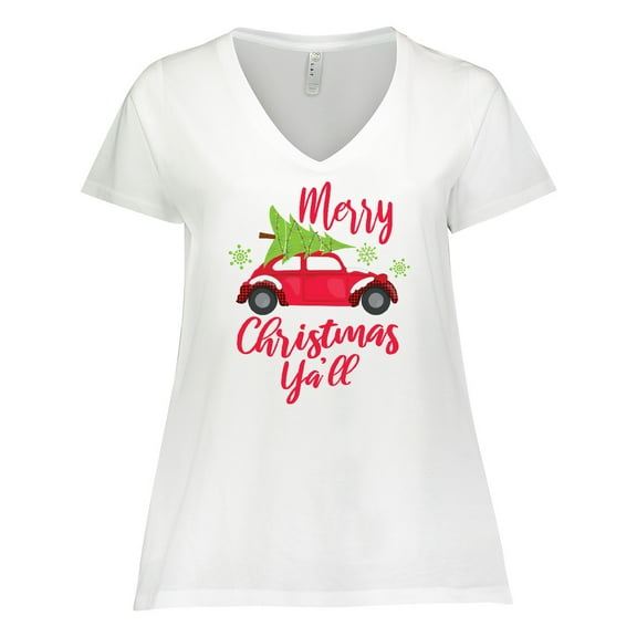 Inktastic Merry Christmas Ya'll with Red Car and Tree Women's Plus Size V-Neck T-Shirt