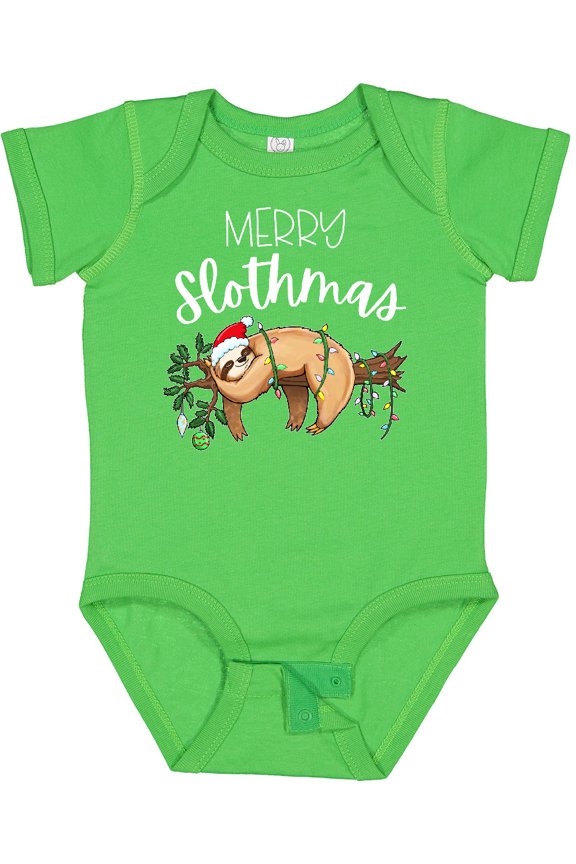 Merry Slothmas Cute Christmas Sloth in Hat with Lights Boys or Girls Baby Bodysuit