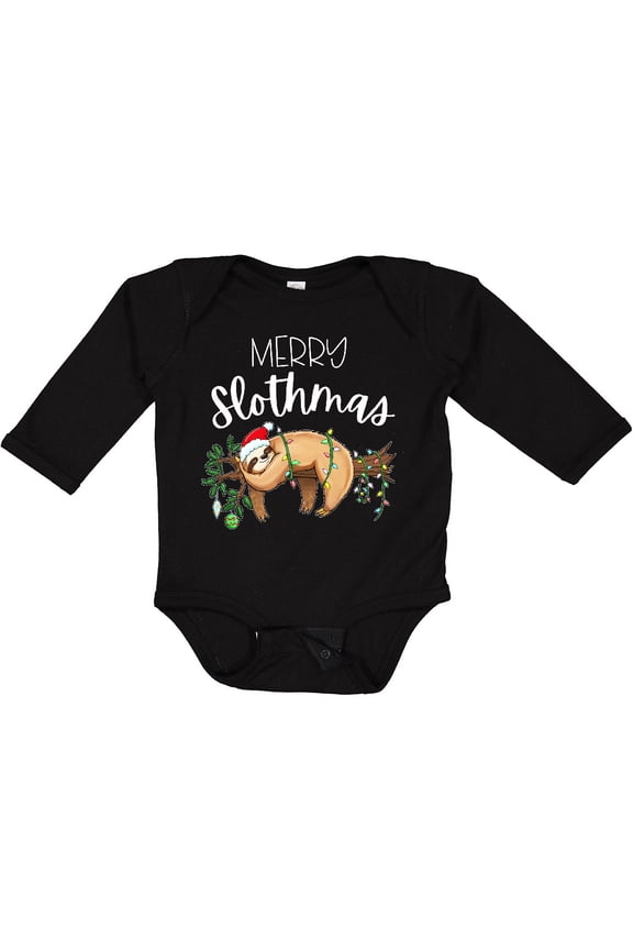 Merry Slothmas Cute Christmas Sloth in Hat with Lights Boys or Girls Long Sleeve Baby Bodysuit