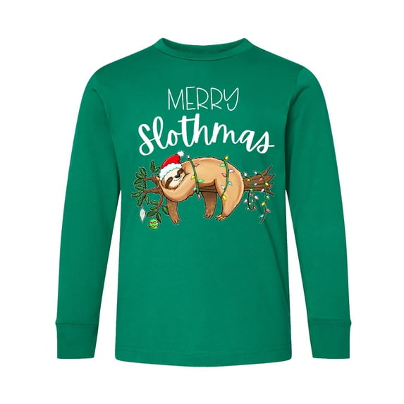 Inktastic Merry Slothmas Cute Christmas Sloth in Hat with Lights Long Sleeve Youth T-Shirt