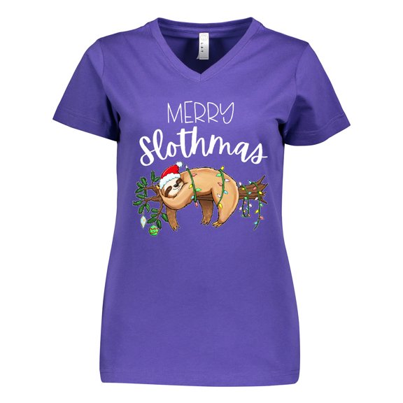 Inktastic Merry Slothmas Cute Christmas Sloth in Hat with Lights Women's V-Neck T-Shirt