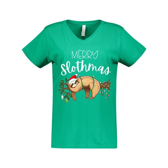 Inktastic Merry Slothmas Cute Christmas Sloth in Hat with Lights Women's V-Neck T-Shirt