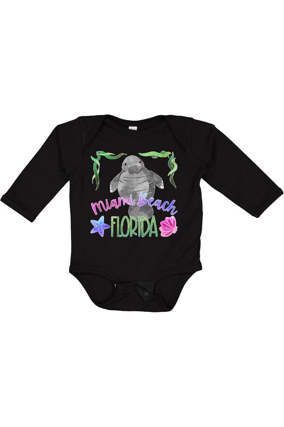 Miami Beach Florida Cute Swimming Manatee Boys or Girls Long Sleeve Baby Bodysuit