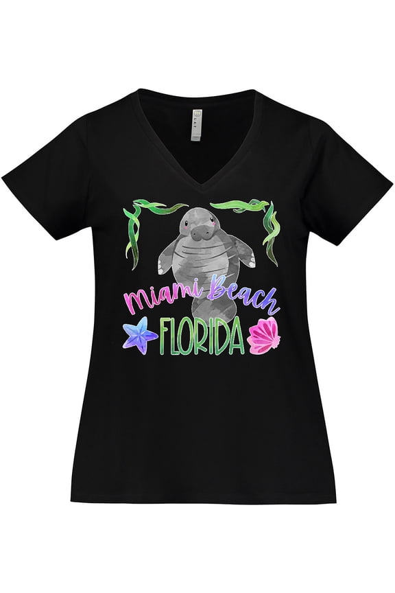 Miami Beach Florida Cute Swimming Manatee Women's Plus Size V-Neck T-Shirt