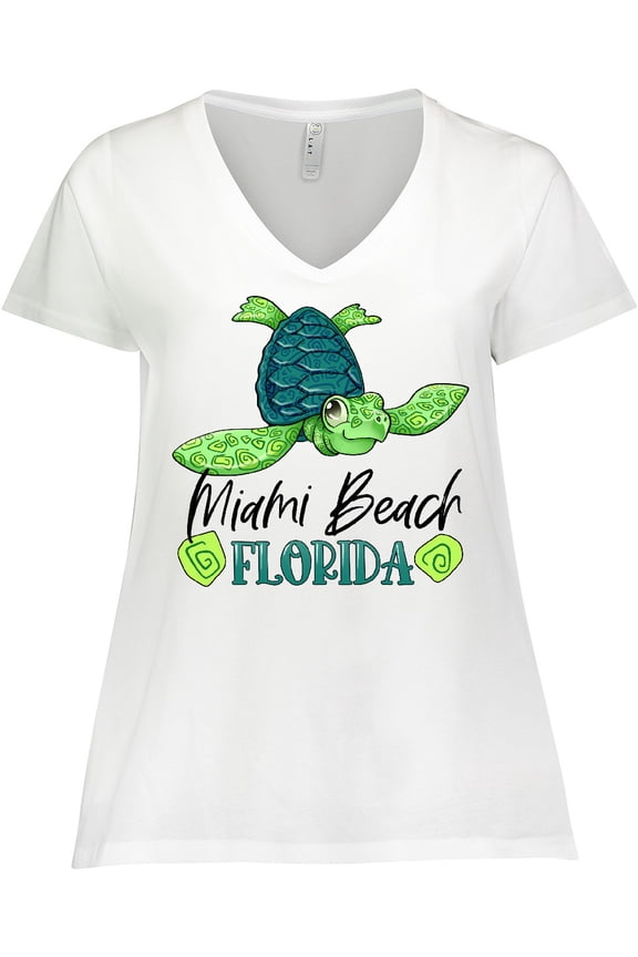 Miami Beach, Florida Happy Sea Turtle Women's Plus Size V-Neck T-Shirt