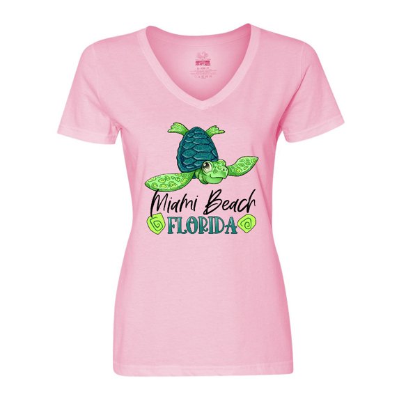 Inktastic Miami Beach, Florida Happy Sea Turtle Women's V-Neck T-Shirt