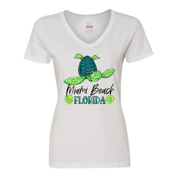 Inktastic Miami Beach, Florida Happy Sea Turtle Women's V-Neck T-Shirt