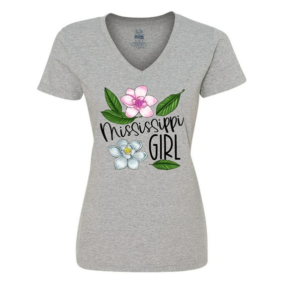 Inktastic Mississippi Girl Magnolia Flowers and Leaves Women's V-Neck T-Shirt