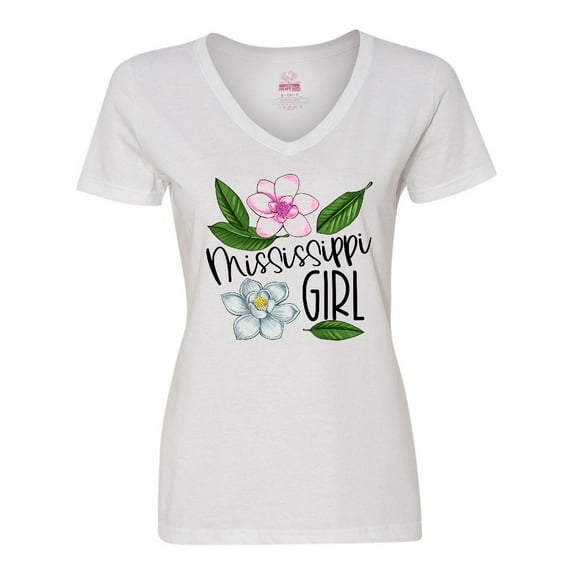 Inktastic Mississippi Girl Magnolia Flowers and Leaves Women's V-Neck T-Shirt