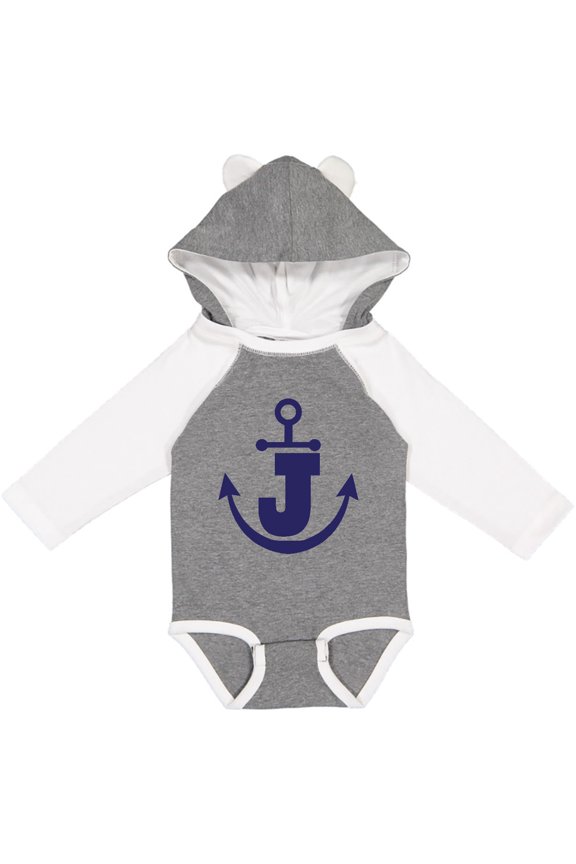 Monogram J Nautical Anchor Boys or Girls Long Sleeve Baby Bodysuit