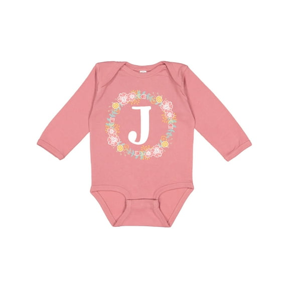 Inktastic Monogram Letter J Floral Rose Wreath Girls Long Sleeve Baby Bodysuit