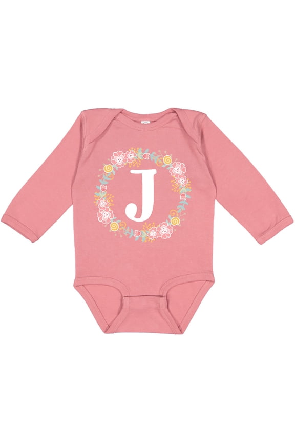 Monogram Letter J Floral Rose Wreath Girls Long Sleeve Baby Bodysuit