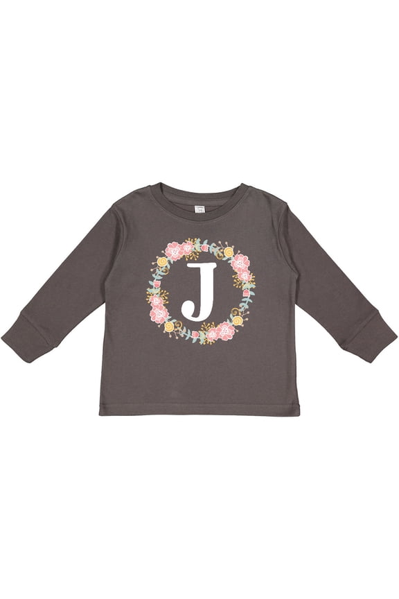 Monogram Letter J Floral Rose Wreath Girls Long Sleeve Toddler T-Shirt