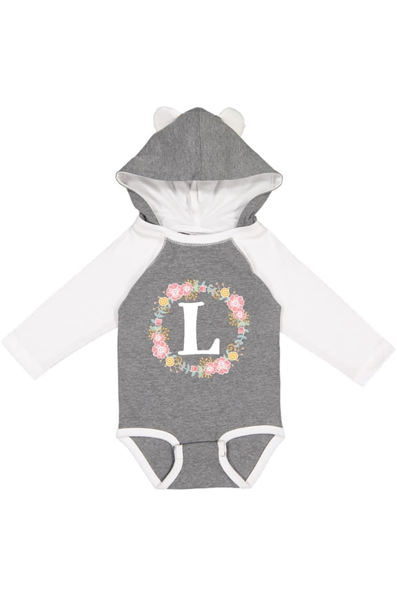 Monogram Letter L Rose Floral Wreath Gift Girls Long Sleeve Baby Bodysuit
