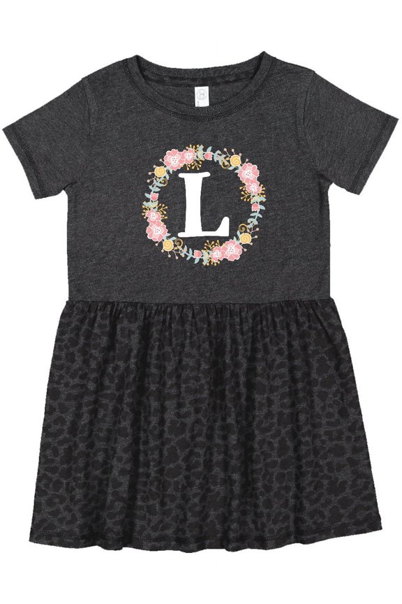 Monogram Letter L Rose Floral Wreath Girls Toddler Dress