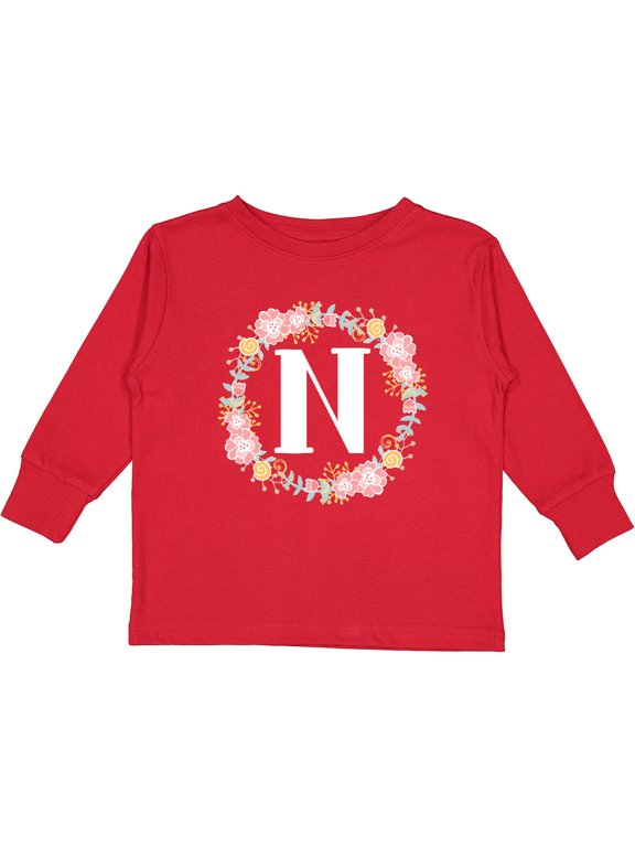 Monogram Letter N Rose Floral Wreath Gift Girls Long Sleeve Toddler T-Shirt
