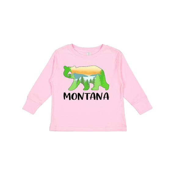 Inktastic Montana Lake and Trees in Bear Silhouette Boys or Girls Long Sleeve Toddler T-Shirt