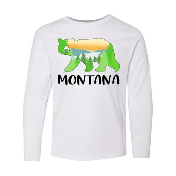 Inktastic Montana Lake and Trees in Bear Silhouette Long Sleeve Youth T-Shirt